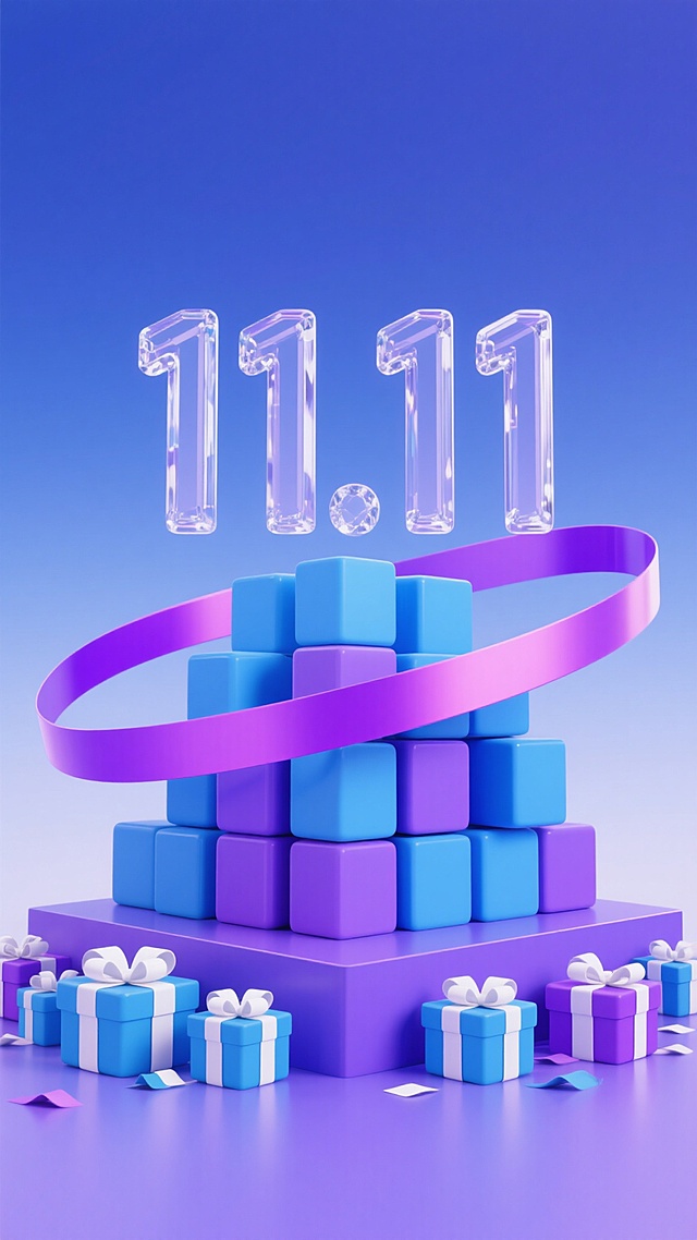 蓝紫色渐变背景，中央是透明水晶质感的“11.11”数字，下方为蓝紫色展台，由多个大小不一的蓝紫色立方体堆叠而成，一条亮紫色丝带从数字后方环绕展台，底部散落着蓝白相间和蓝紫色系带有白色蝴蝶结的礼物盒，整体呈现电商促销的欢快氛围，视觉层次分明，主体突出，色彩统一且富有节日感。