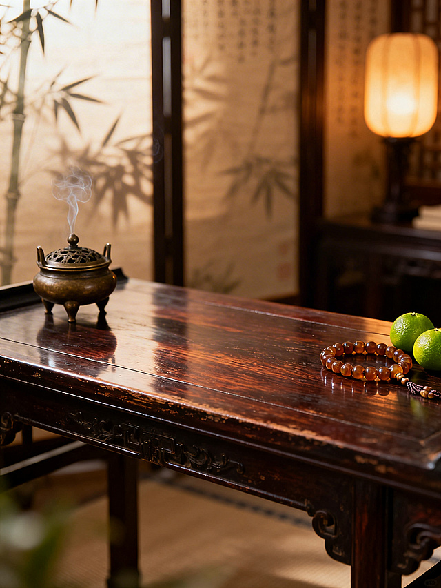 product photography scene, empty space in center for product placement, an antique scholar's desk made of aged dark rosewood, subtle wood grain texture, surface slightly reflective, soft diffusion light from upper left side, warm accent lighting from right back to create rim light effect, professional studio lighting setup, background is a traditional Chinese scholar's studio with soft out-of-focus bamboo shadows on parchment screens, a few carefully placed props: a small antique bronze censer with faint smoke, a loose string of old amber prayer beads, two fresh green kumquats (symbolizing good fortune and playfulness), shallow depth of field, foreground and background softly blurred, macro photography lighting quality, 8k ultra realistic, shot on Phase One XF IQ4, natural color rendition, warm earthy tones, cinematic composition, rule of thirds, professional still life photography, intricate shadow details, photorealistic