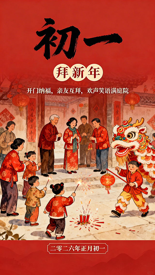 国潮风插画，融合剪纸与水墨元素，大字风标题呼应节日氛围，卡通人物演绎拜年场景，喜庆感十足，展现正月初一传统习俗。