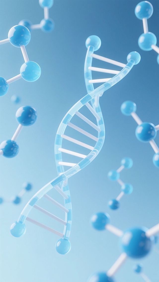淡蓝色渐变背景，3D立体分子结构与DNA双螺旋图案，半透明蓝色球体通过线条连接形成分子模型，白色DNA链穿插其中，整体呈现科技感与医学研究氛围，分子大小不一错落分布，光影柔和有轻微高光，营造宁静专业的科学背景画面。