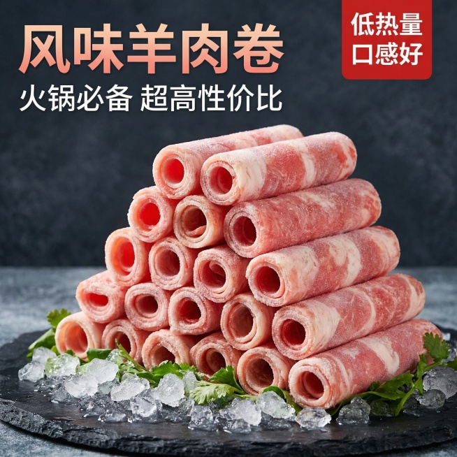 [主图 1 点击率首图] 风味羊肉卷火锅食材主图，整体风格传递食欲感与超高性价比，画面氛围生鲜诱人，自然暖调光影。主体风味羊肉卷堆叠在冰盘上，肉质带有冰霜纹理，保持与原图外观100%一致，背景为深色磨预览效果