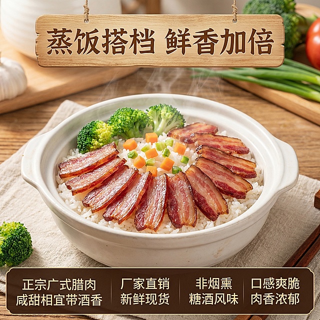 这张图片是产品主体这款产品是广式腊肉 我需要设计20张主图在拼多多上面售卖    主图场景布局可以用厨房 炒腊肉 腊肉细节等设计一个高级有食欲一些主图文案内容 正宗广式腊肉 厂家直销 新鲜现货 咸甜相宜带酒香  腊味煲仔饭 小炒 蒸饭 外卖 非烟熏 广式去皮腊肉 糖酒风味 食堂餐厅批发  肥瘦相间 传统工艺 正规新鲜  嚼有回香 口感爽脆         甄选合格猪肉，严格选材 无尘风干 黄金肥瘦比例  肉香浓郁