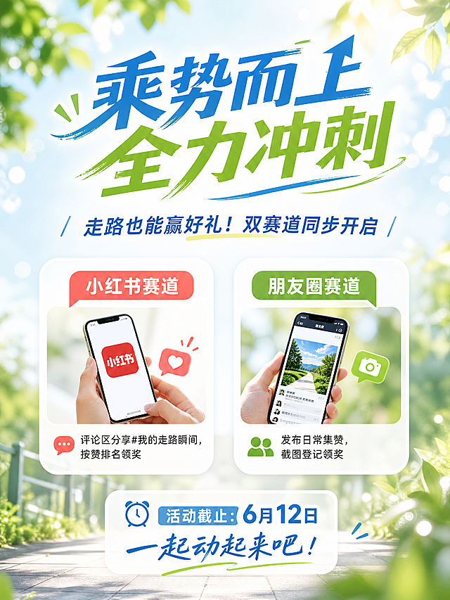 设计一张3:4的小红书海报，清新夏日风，文案：标题：乘势而上 全力冲刺，副标题：走路也能赢好礼！双赛道同步开启。内容：
小红书赛道 
在发布规则笔记的评论区分享「# 我的走路瞬间」，搭配步数记录、运动随拍、散步感悟等均可均可，邀请好友为评论点赞，按评论点赞数排名前三名领奖。

朋友圈赛道 
发布微步运动日常（步数记录、运动随拍、散步感悟等均可）集赞，集赞完成后截图私信我们登记，按点赞数排名前三名领奖。
活动截止时间：6月 12日 
一起动起来吧！