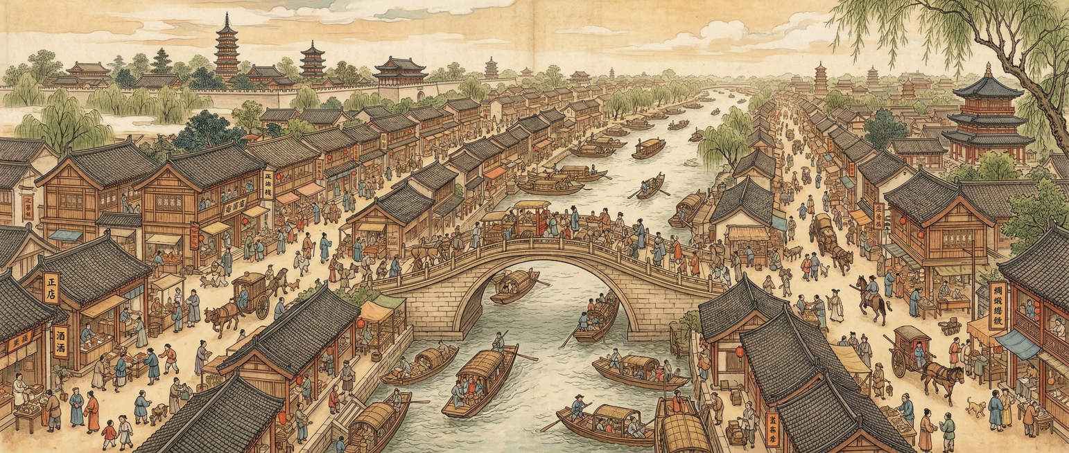 超级横版长图，展现清明上河图的古风繁华市井景象，各色古代百姓活动、商铺、河流、船只、街道建筑齐全，曾孝濂风格，细节极其精致细腻，写实生动，色彩古雅和谐预览效果