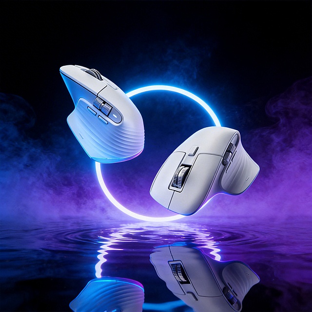 「图片1」「图片1」主体为鼠标，场景设定在带有蓝紫渐变烟雾的深色背景下，鼠标悬浮在水面上方，水面有清晰倒影，中间有发光霓虹圆环；风格为赛博朋克科技风，未来感十足；色调以深邃蓝紫为主，明暗对比强烈；构图为平视偏仰视角度，双鼠标呈对角分布，视觉中心突出；细节上鼠标的纹理、灯光的通透感、水面的波纹质感都精细刻画，整体营造出酷炫的电竞科技氛围。