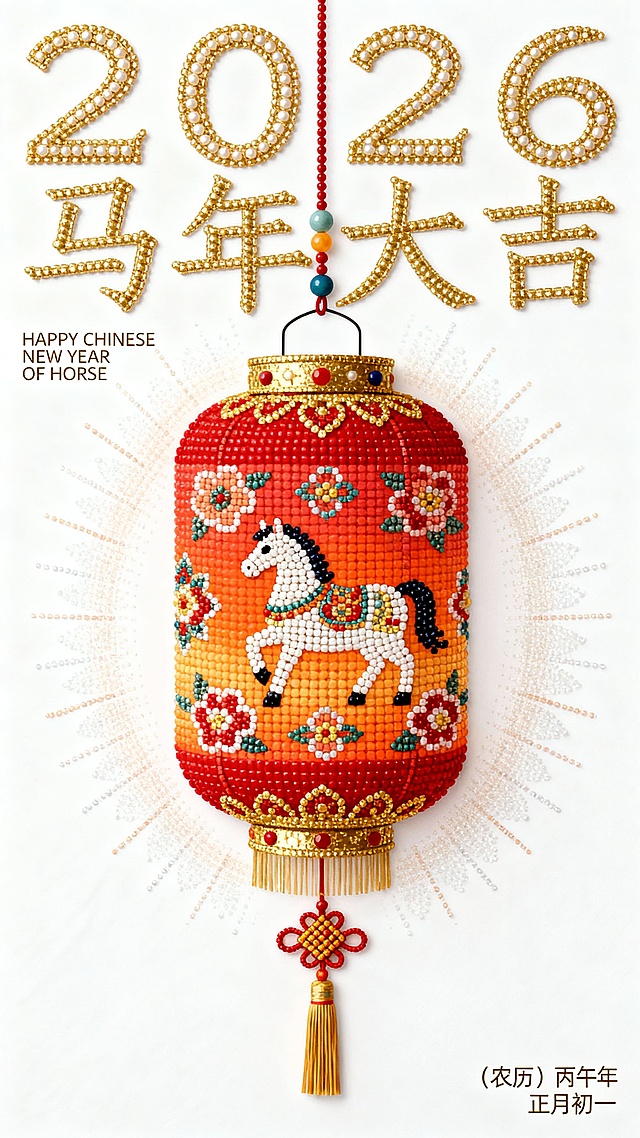 主体是红到橙渐变的圆柱形中式灯笼（表面饰有小马和宝相花纹图案），顶部配挂环与装饰珠，底部带金色饰边、中国结装饰及流苏，周围环绕柔和光晕。上下留白，左右留白，不要撑满整个画面。色调为纯白背景+ 红到橙渐变。画面上方有极细字体"2026""马年大吉"，左下方小字“HAPPY CHINESE NEW YEAR OF HORSE” ，右下方小字“（农历）丙午年 正月初一”