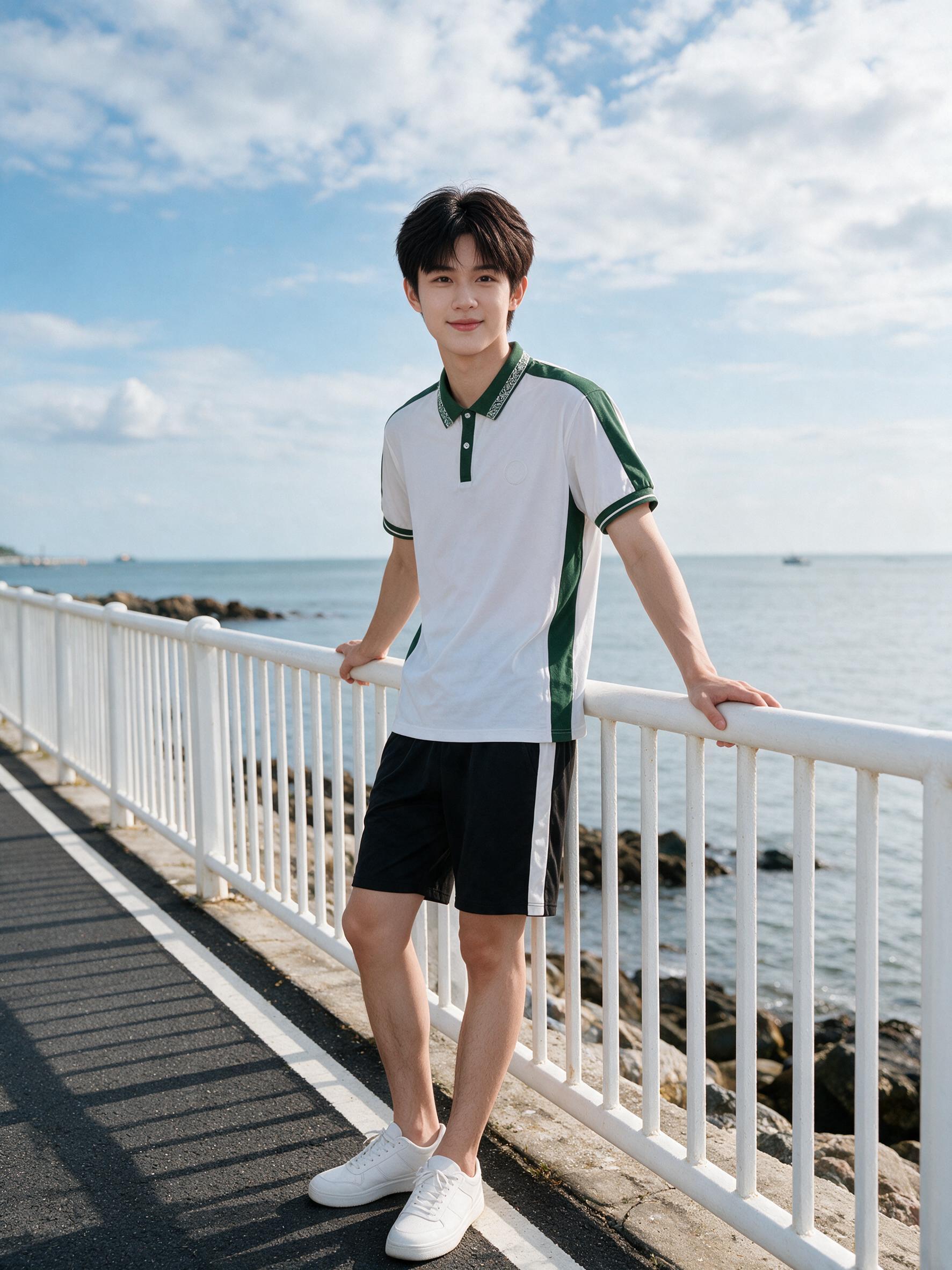海边滨海骑行道，一名身高约173厘米的少年男模特全身照。模特保… - 图片创意预览