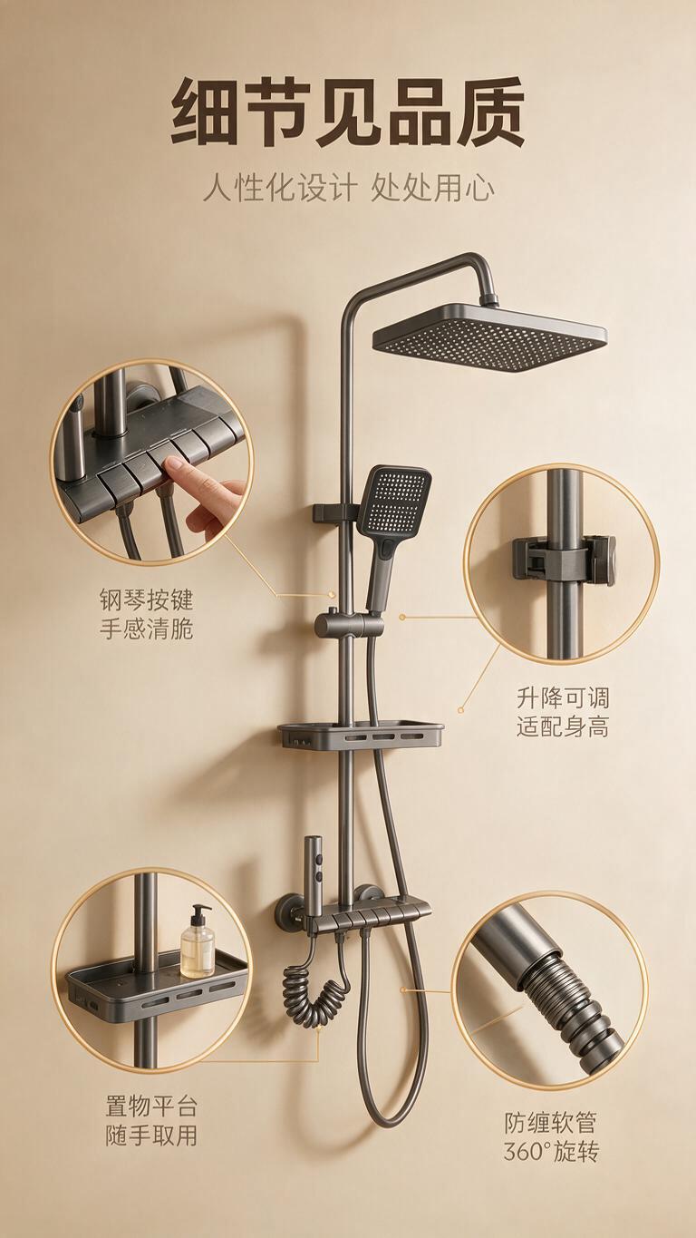 [商品] 使用【图1】枪灰色四功能淋浴花洒套装；保留完整结构与… - 图片创意预览