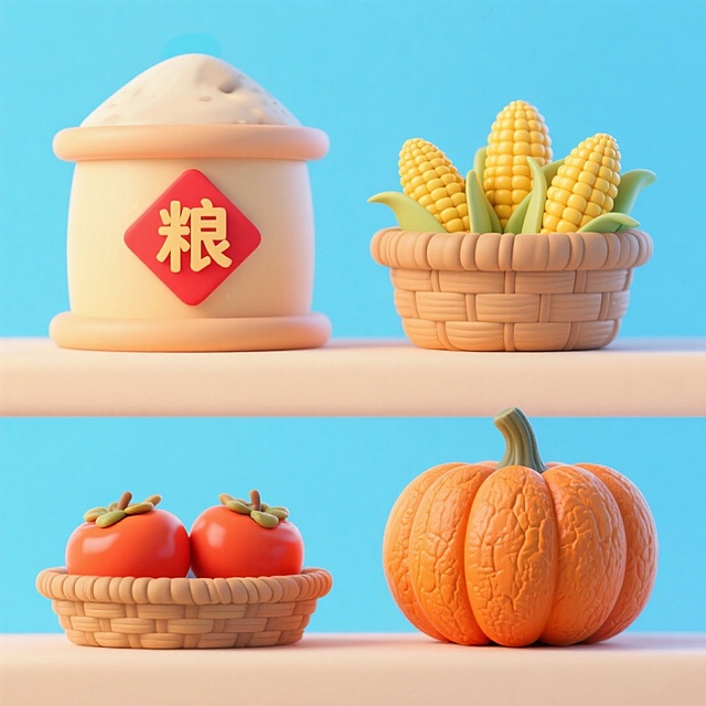 软3D风粘土质感，卡通化农产品陈列，清新治愈，秋收节日氛围浓厚，可爱感十足。