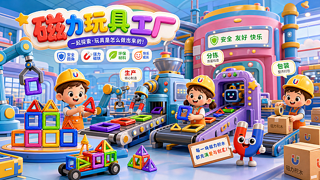 软3D风卡通场景，拟人化磁力积木与儿童工人互动，融合工业感生产线与可爱趣味设计，展现科技感玩具制造过程，传递安全环保理念。