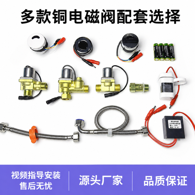 [主图-1] 多款铜电磁阀感应冲水配件套装首图。氛围风格：专业五金电商风格，简洁清爽。画质：商业摄影质感、光线柔和通透、产品清晰真实、画面干净高级。元素：全套配件整齐排列，主体清晰居中展示，保持所有电预览效果