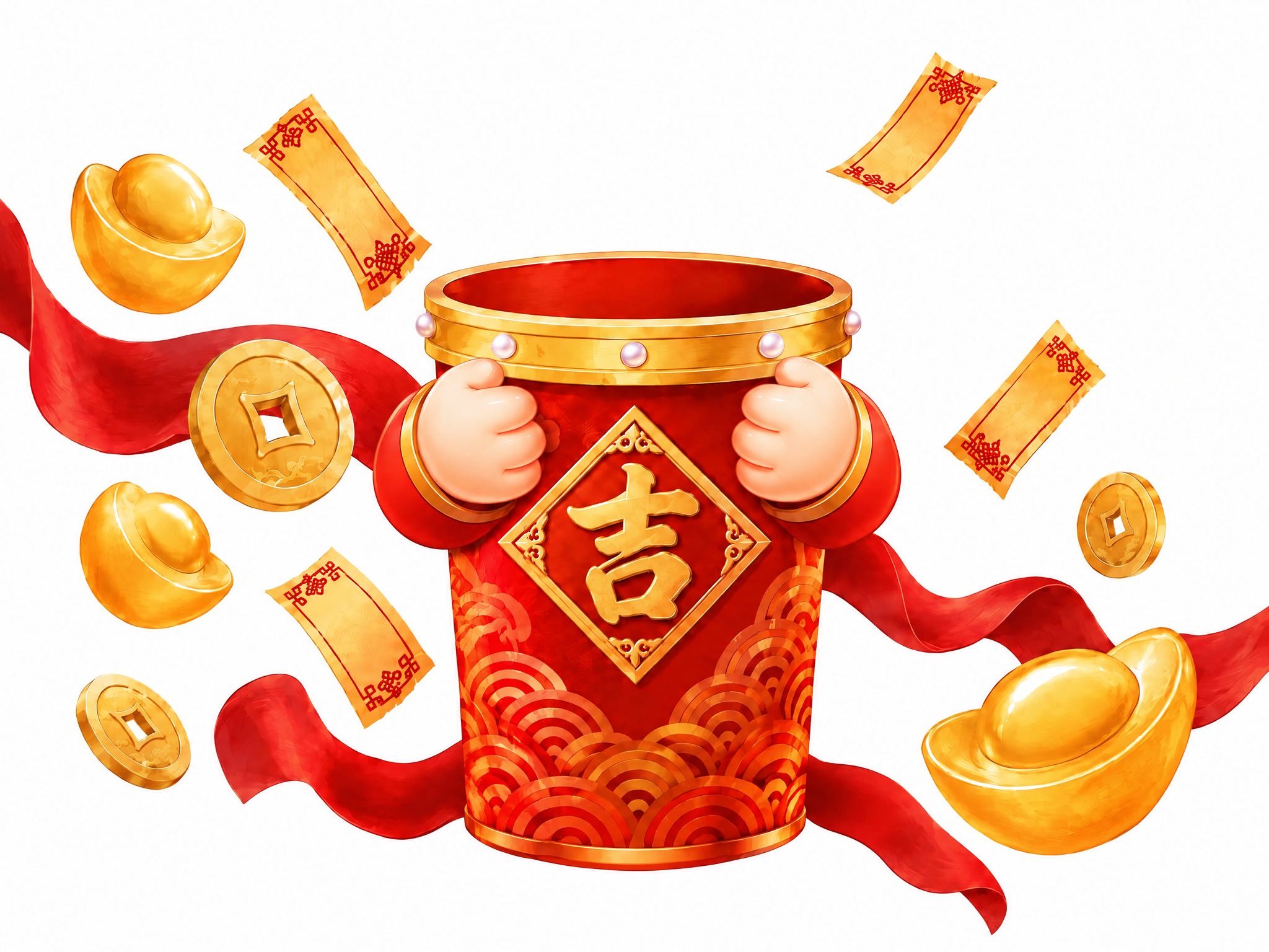 在参考图基础上修改：将抱着红色签桶的可爱小胖手上移，抱在桶的上… - 图片创意预览