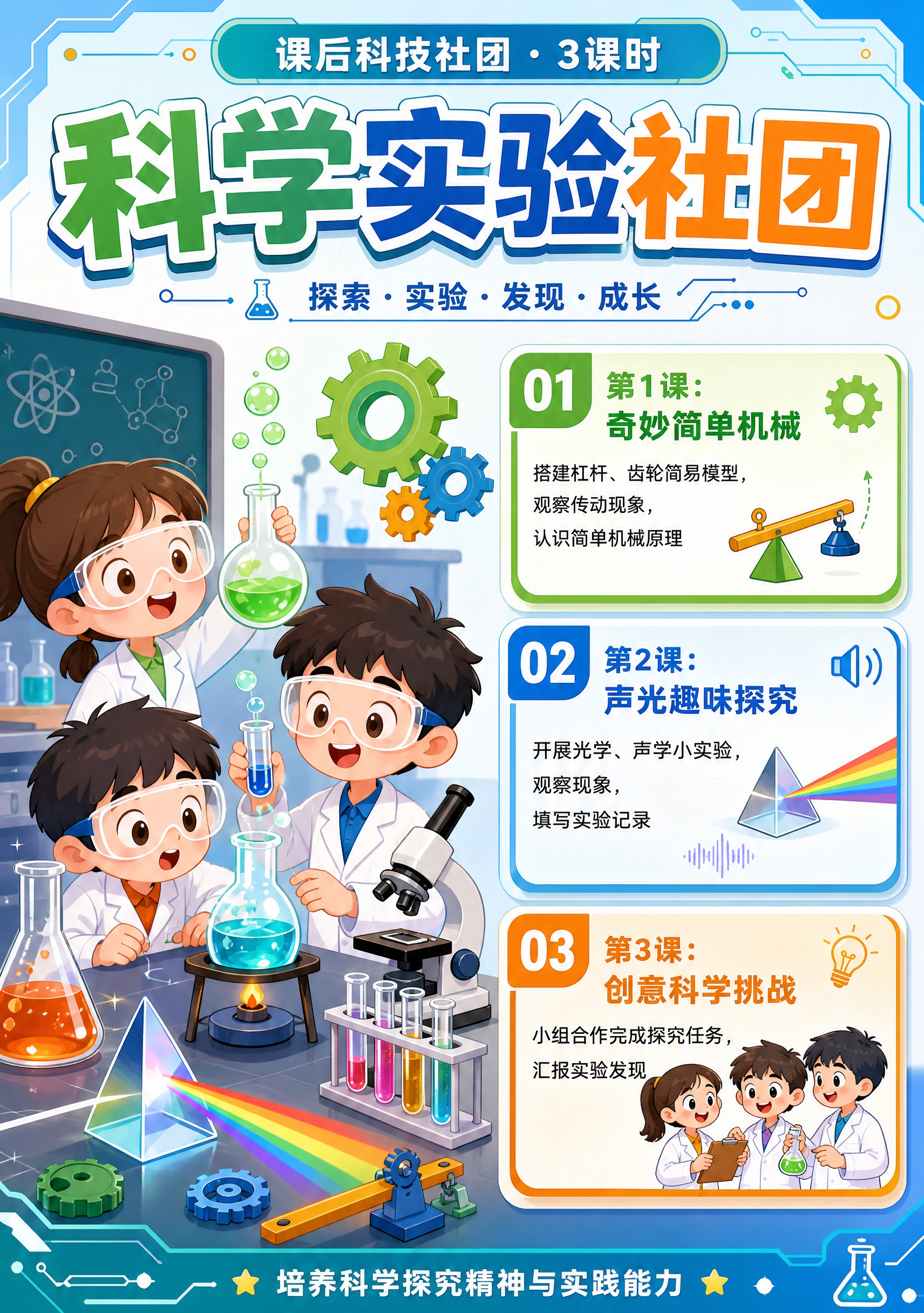 卡通科技风宣传手册内页，竖版A4比例。页面主题"科学实验社团"… - 图片创意预览