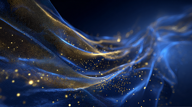 未来感与科技感交织，3D粒子流在深蓝背景下如星河般流动，鎏金光点点缀其间，营造梦幻抽象的虚拟现实氛围。