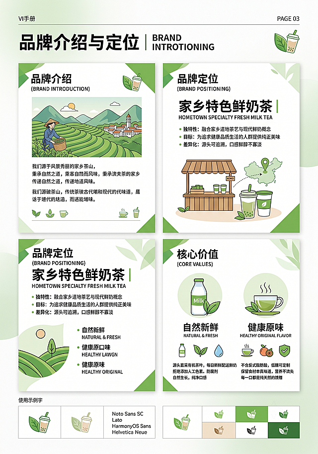 生成A4竖版家乡奶茶品牌VI手册内页，内容为品牌介绍与定位，说明品牌定位为家乡特色鲜奶茶，核心价值是自然新鲜、健康原味，使用现有绿叶奶茶logo，排版清晰，配色绿色搭配白色，字体统一易读，层次分明