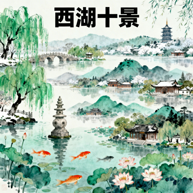 西湖十景，展现杭州西湖十大经典景点的秀丽自然风光，山水园林景致，风景优美预览效果