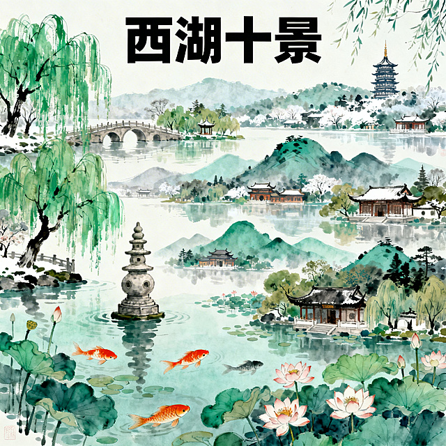 西湖十景，展现杭州西湖十大经典景点的秀丽自然风光，山水园林景致，风景优美