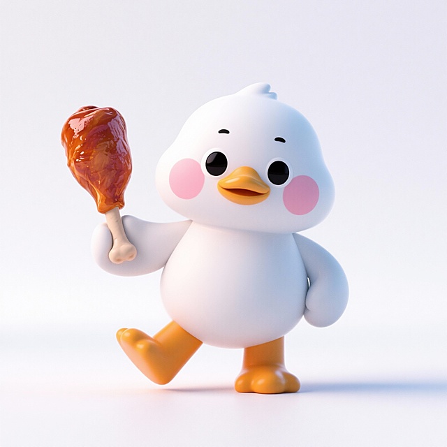 萌趣卡通卤鹅：圆眼腮红造型，举着卤鹅腿，适合休闲零食包装，吸引年轻消费者