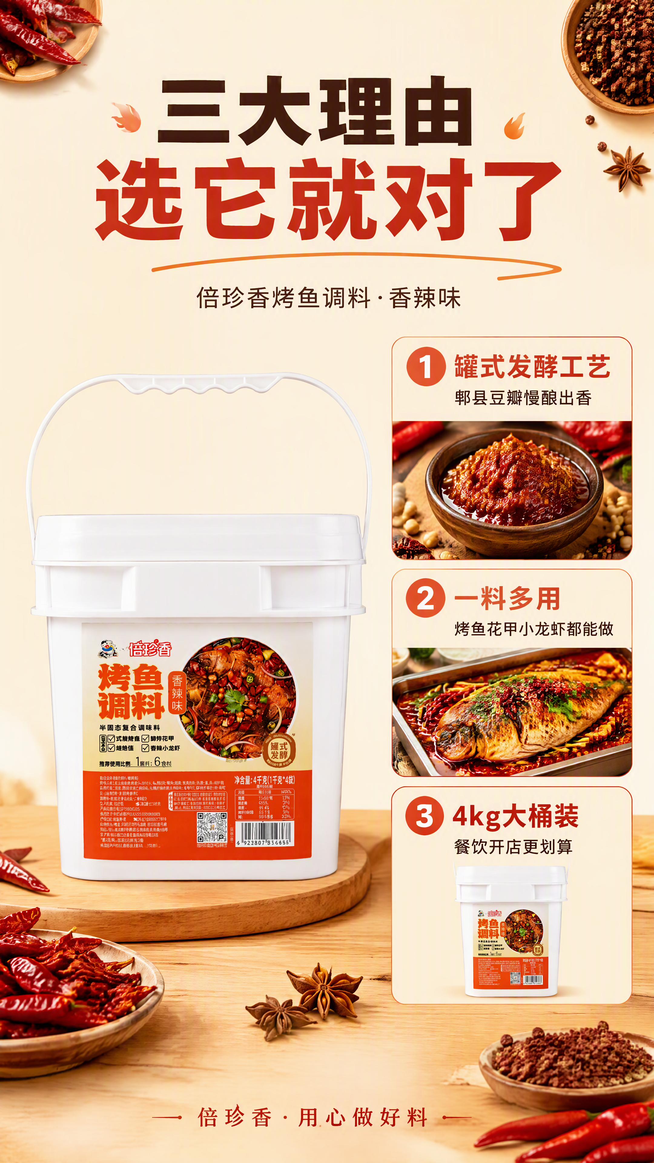 [第2张] 核心卖点拆解页-倍珍香烤鱼调料三大核心理由。本张使… - 图片创意预览