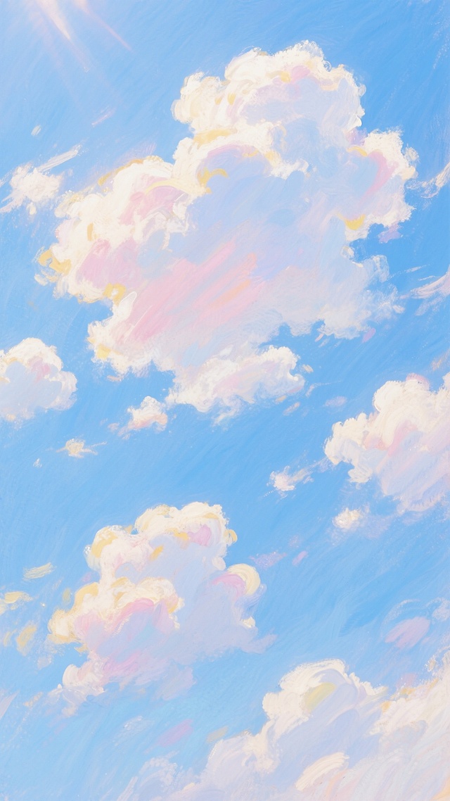 印象派风格的蓝天白云，画面中充满了莫奈式的轻快笔触和色彩的微妙变化，大小不一、形态各异的云朵在明亮的蓝色天空中飘浮，云层边缘柔和模糊，阳光透过云层洒下温暖的光芒，整体色调清新明快，营造出宁静而富有诗意的氛围，天空呈现出由浅到深的渐变蓝色，云朵则带有淡淡的粉色和黄色的光晕，给人一种梦幻般的视觉感受。