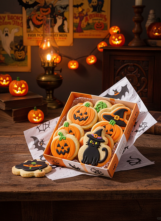 主体放置在复古的万圣节场景里，有大量南瓜灯（串灯、摆件）、小蝙蝠、复古油灯，搭配旧海报、木质道具，光线昏暗