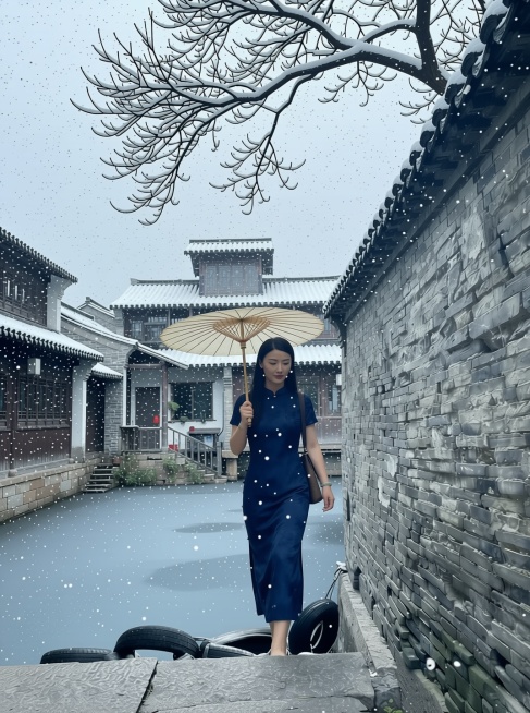 用这张照片生成一张韩剧氛围感初雪场景照片,人物不要变预览效果