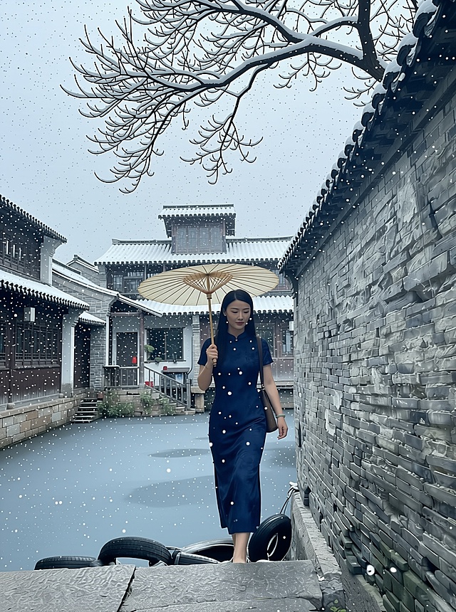 用这张照片生成一张韩剧氛围感初雪场景照片,人物不要变