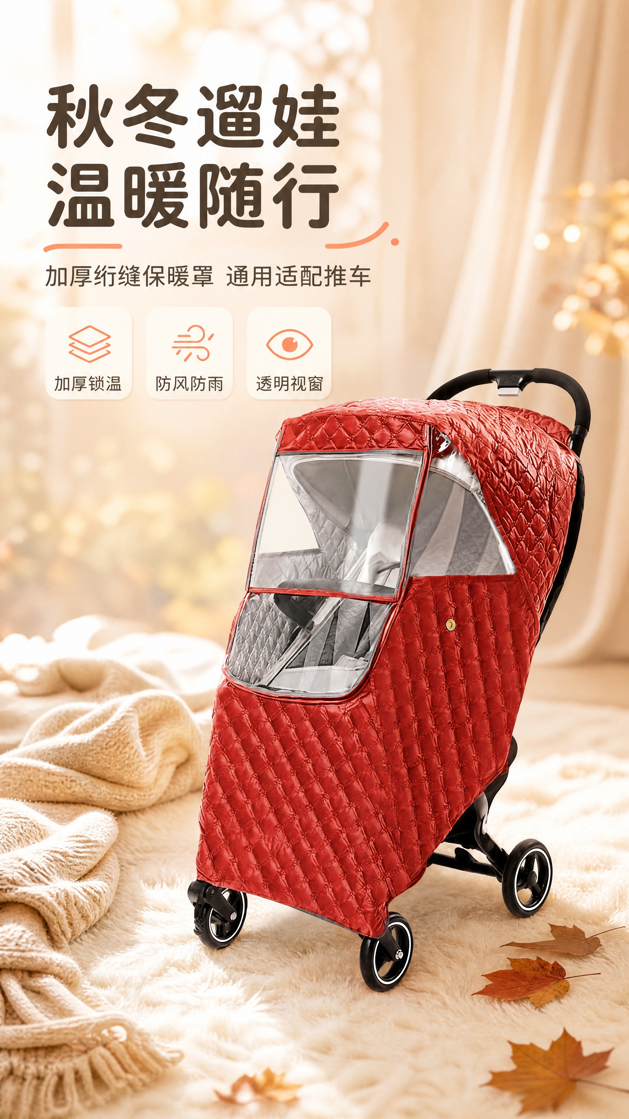 [商品] 使用【图1】正红色绗缝婴儿推车保暖罩，套在深灰黑色婴… - 图片创意预览