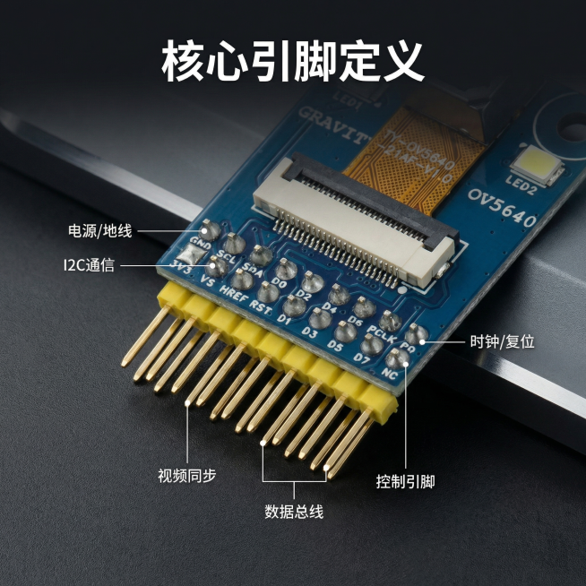 [主图 2] OV5640摄像头模块核心接口展示
[氛围/风格] 科技质感，细节清晰，专业精准
[画面元素] 商业摄影质感、光线柔和通透、产品清晰真实、画面干净高级。基于原图产品进行细节特写，重点展示预览效果