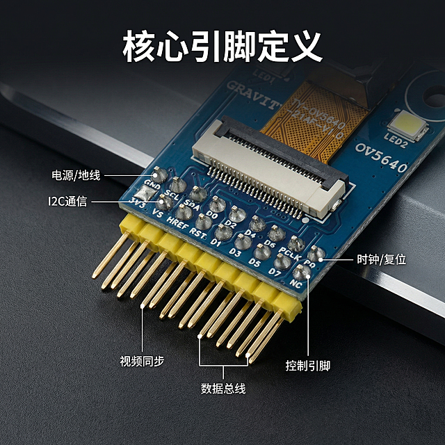 [主图 2] OV5640摄像头模块核心接口展示
[氛围/风格] 科技质感，细节清晰，专业精准
[画面元素] 商业摄影质感、光线柔和通透、产品清晰真实、画面干净高级。基于原图产品进行细节特写，重点展示排针接口区域，呈现所有引脚标注文字，文字清晰可辨；产品倾斜放置于深空灰科技质感台面，带柔和投影，边缘高光突出金属质感；保留产品结构和所有标识信息，整体风格统一
[配色色系] 主色调：深空灰（背景）；辅助色：电路板蓝色，金属金色，标识白色
[视角构图] 中近景特写，斜视角构图，景深适中
[文字版式] 顶部居中主标题 "核心引脚定义" 白色粗体无衬线；各引脚功能用引线纤细标注，对应文字清晰不遮挡主体
[比例分辨率] 1:1 比例，2k 分辨率；文字清晰可辨，超高清
[负向提示词]变形，水印，文字错乱，产品模糊，背景杂乱