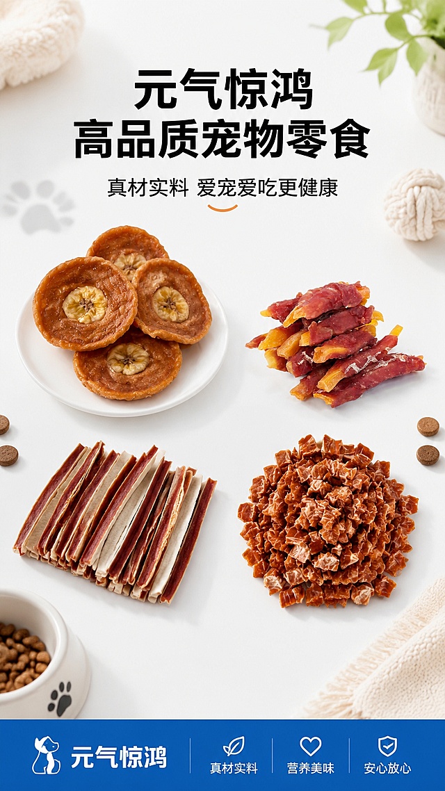 「图片1」参考图片风格，重新生成画面内容「图片1」「图片1」鸡肉香蕉片「图片1」「图片1」鸭肉红薯条「图片1」「图片1」鸭肉三明治「图片1」「图片1」雪花三文鱼粒,这4款宠物零食做一套详情页