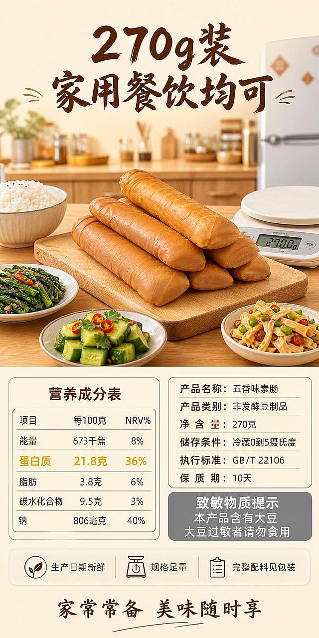 规格信息加营养成分加致敏提示加囤货收尾页 家庭装风格 实惠温馨 暖木色调 商业产品摄影质感 画面上半部分为几根五香味素肠并排摆放在木质砧板上 展示270g净含量分量感 旁边放有家用电子秤 显示足量 砧板旁摆放几碟家常小菜与一碗米饭 营造家庭用餐场景 背景为虚化的厨房冰箱环境 暗示冷藏储存 下半部分为营养成分表 规格信息与致敏提示区 保持素肠产品外观 物理结构 材质质感 颜色与输入产品图一致 杜绝任何变形和色差 精细化处理 柔和厨房顶光 产品表面均匀受光 素肠金黄色泽真实呈现 阴影自然柔和 整体光线明亮通透 突出产品新鲜与分量感 全局底色暖米白 主色暖木棕 豆金黄 辅助色厨房浅灰 白 绿葱花点缀 上下分栏 上半产品场景 下半规格信息 阅读动线从上到下 从产品到参数到购买引导 顶部主标题 270g装 家用餐饮均可 粗笔书法体深棕色居中 下半部分左侧营养成分表 表头 营养成分表 深棕色 表格内 能量673千焦 NRV百分之8 蛋白质21.8克 NRV百分之36 脂肪3.8克 NRV百分之6 碳水化合物9.5克 NRV百分之3 钠806毫克 NRV百分之40 蛋白质21.8g标金黄色高亮 右侧规格信息 产品名称 五香味素肠 产品类别 非发酵豆制品 净含量 270克 储存条件 冷藏0到5摄氏度 执行标准 GB斜杠T 22106 保质期 10天 下方致敏提示区 致敏物质提示 本产品含有大豆 大豆过敏者请勿食用 灰色底白字醒目提示 底部半透明悬浮条 三个信息 生产日期新鲜 规格足量 完整配料见包装 图标加文字 最下方 家常常备 美味随时享 温馨收尾语 竖版1比2比例 2K分辨率 文字清晰可辨 高清画质 变形 水印 文字错乱 文字过小 缺件错件 结构错误 颜色偏差 产品图模糊 背景杂乱 多余的手 畸形手