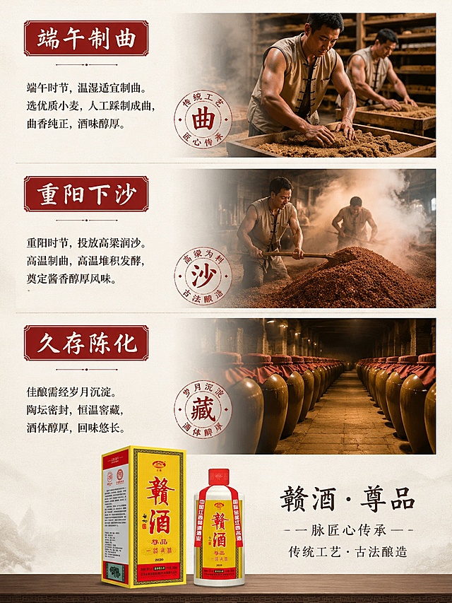 [第3屏] 详情页酿造工艺展示屏-赣酒尊品传统酿造工艺拆解。
[氛围/风格] 传统匠人风格，质朴真实，清晰呈现工艺步骤，沉稳的纪实质感。
[元素布局] 页面纵向分为三个模块，每个模块对应一个核心工艺步骤：1.端午制曲 2.重阳下沙 3.久存陈化，每个模块配对应工艺实拍小图，三个模块占满整个屏，底部放置【图1】产品横版小图，产品外观保持与原图一致。
[光影质感] 均匀柔和自然光，每个工艺模块明暗均匀，细节清晰可见。
[配色色系] 全局底色 #F8F4EA；主色米白底，辅助色深棕文字，赭红色模块标题底。
[视角构图] 三模块纵向平铺，从上到下阅读，构图工整干净。
[文字版式] 沿用首屏书法字体做标题，正文字体清晰。每个模块顶部标注工艺名称做标题，下方配1-2句话工艺说明，文字大小适中，移动端清晰可读；三个工艺模块横向信息排版整齐，不遮挡实拍工艺图。
[比例分辨率] 3:4竖版比例，4K分辨率，文字清晰可辨，高清画质。
[负向提示词] 工艺图模糊，文字挤在一起，产品变形，颜色偏差，极限词