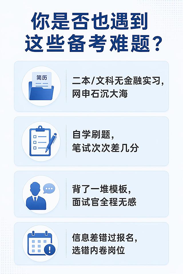 [第2屏] 详情页-应届生四大行备考痛点直击。
[氛围/风格] 专业共鸣风，清晰对比，简洁商务质感。
[元素布局] 页面顶部大标题，下方分四个卡片排列痛点问题，每个卡片配一个小图标，整体排版工整透气，信息层级分明。
[光影质感] 均匀柔和，卡片使用浅蓝底色区分，文字深色清晰，整体层次清爽。
[配色色系] 全局底色 #F5F8FC，主色深蓝色，卡片浅蓝背景，文字深灰。
[视角构图] 从上到下纵向排列，分点式布局，阅读流畅。
[文字版式] 顶部主标题「你是否也遇到这些备考难题？」深蓝色大字体，四个痛点卡片分别标注：「二本/文科无金融实习，网申石沉大海」「自学刷题，笔试次次差几分」「背了一堆模板，面试官全程无感」「信息差错过报名，选错内卷岗位」，每个标题配小图标，文字清晰不拥挤，手机端可读。
[比例分辨率] 宽度1080px，高度1620px，2:3 竖版比例，适合公众号发布，4K分辨率，文字清晰可辨，高清画质。
[负向提示词] 变形，文字错乱，文字过小，水印，第三方平台logo，卡片重叠遮挡。