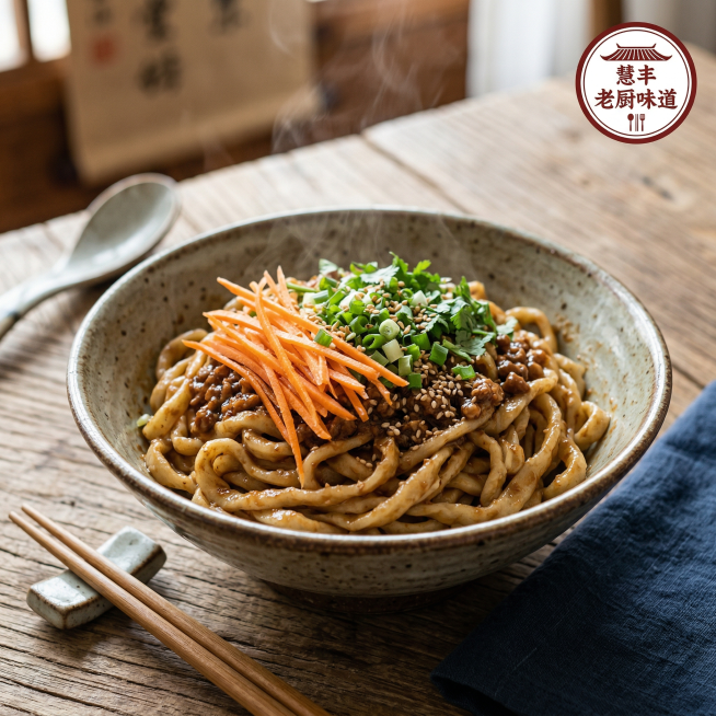 图片右上角放置饭店logo，logo带有文字"慧丰老厨味道"，图片中心是一碗热气腾腾的干拌手擀面，面条没有汤汁，面条上铺有胡萝卜丝和炸酱，整体是美食菜品图片，1:1构图，画质清晰预览效果