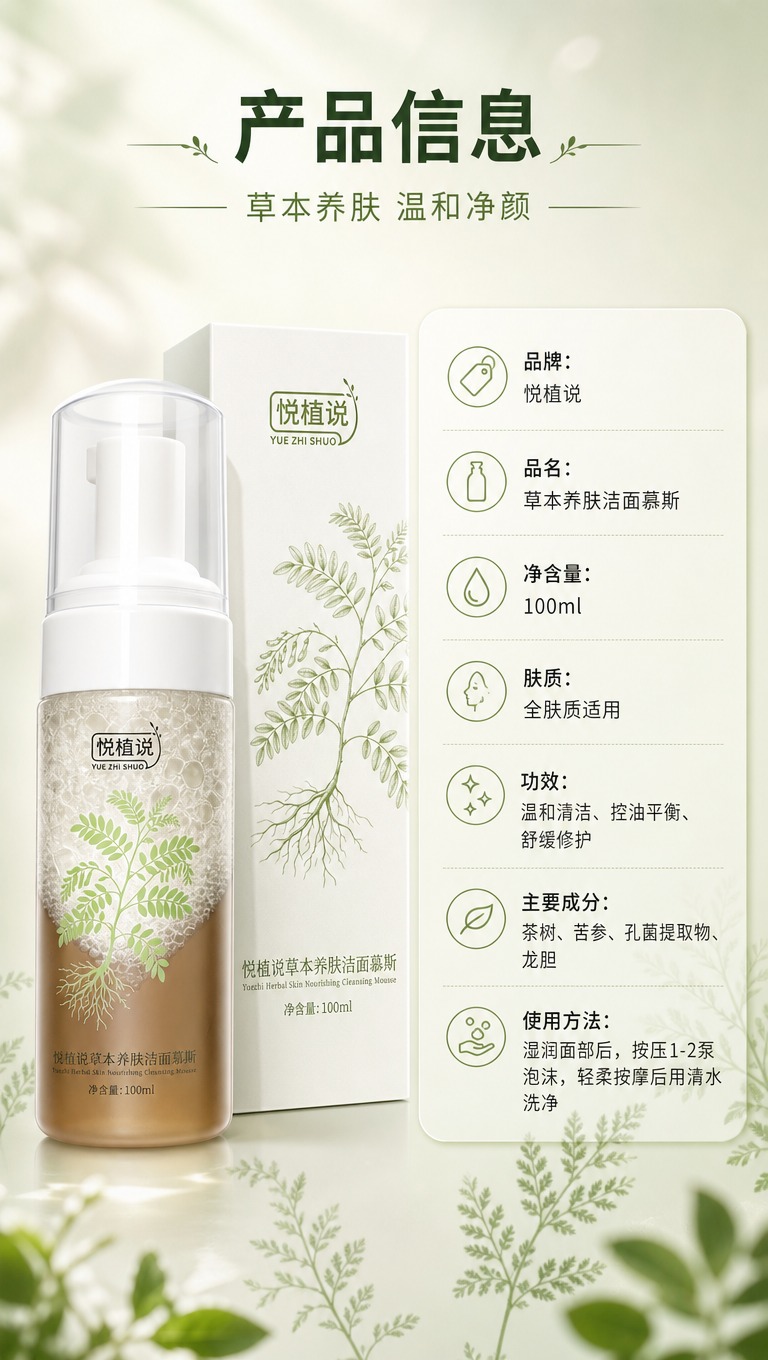 [商品] 使用【图1】悦植说草本养肤洁面慕斯瓶装+【图3】外包… - 图片创意预览