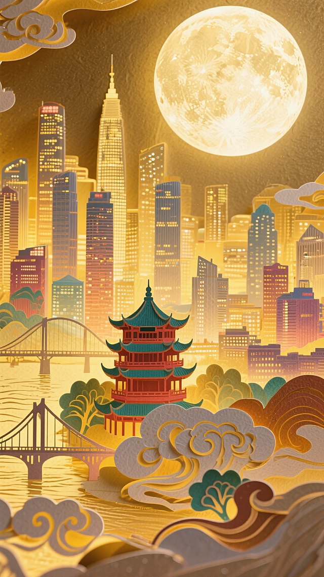 一轮巨大的圆月为占据画面右上方，底部以工笔风格呈现出全景的中国都市高楼林立错落有致的万家灯火的氛围，武汉黄鹤楼，长江大桥，祥云装饰，突显中秋节日氛围，金色调基底，纸张质感