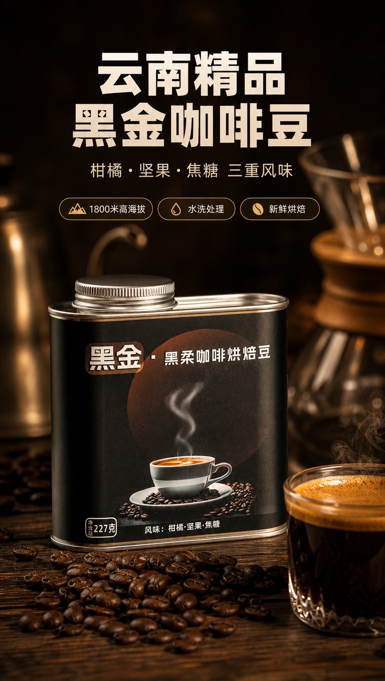 [商品] 使用【图1】黑柔咖啡黑金系列烘焙咖啡豆铁罐包装；保留… - 图片创意预览