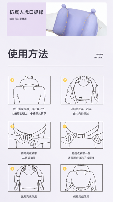 将两张按摩披肩使用说明图片合并为一张完整长图，保持原有的文字排版、线条风格和配色不变，让所有使用步骤说明完整显示，文字清晰可阅读预览效果