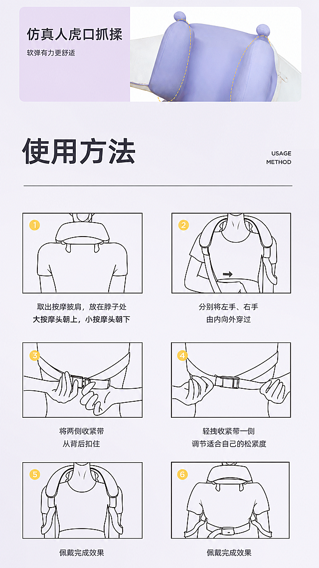 将两张按摩披肩使用说明图片合并为一张完整长图，保持原有的文字排版、线条风格和配色不变，让所有使用步骤说明完整显示，文字清晰可阅读
