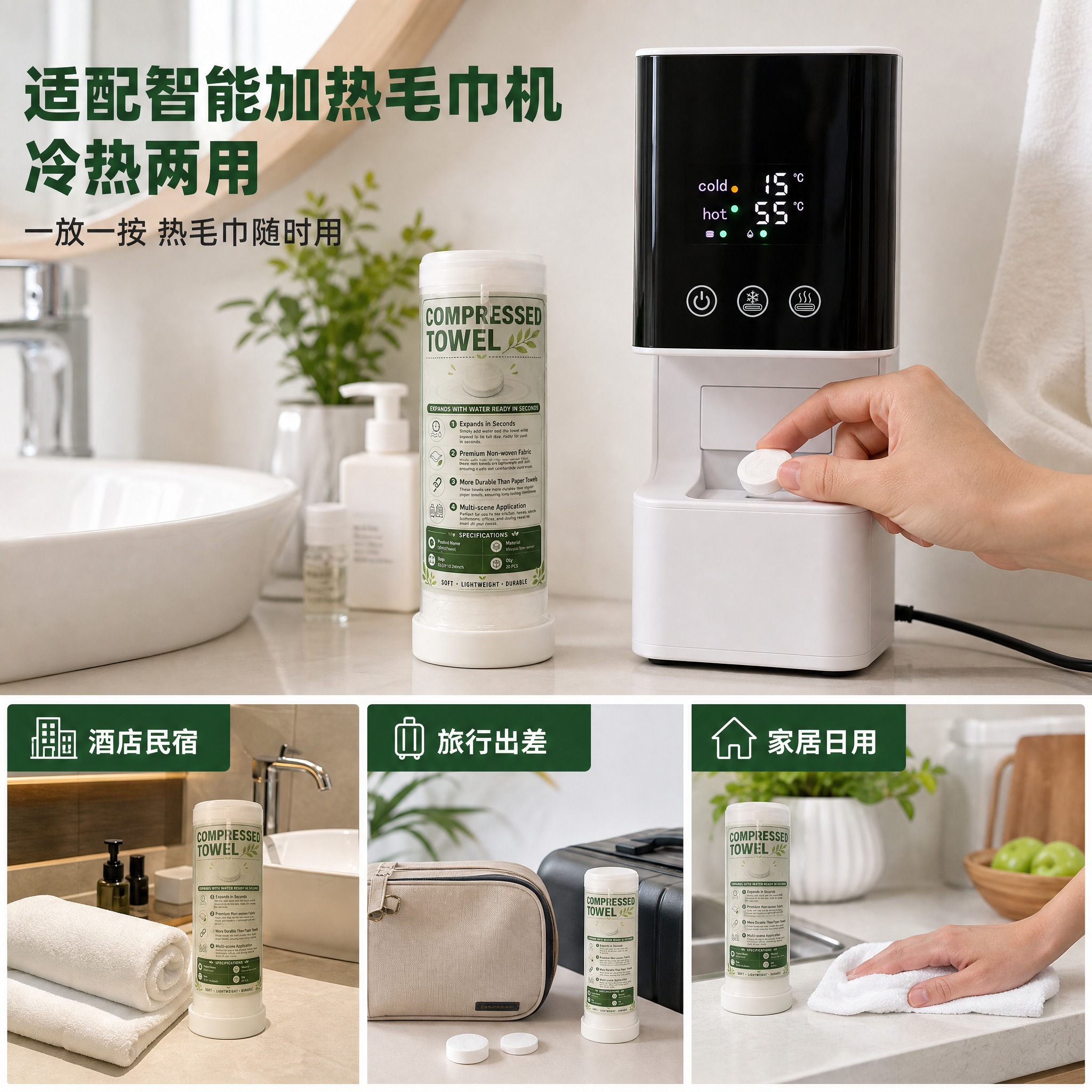 [主图-4] 场景适配图，展示压缩毛巾适配智能加热毛巾机的使用… - 图片创意预览
