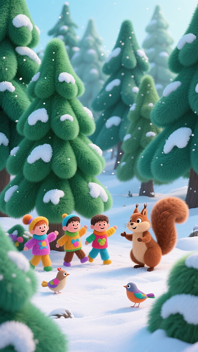 一片冬日森林场景，森林里有大量高大的松树，树上有积雪，一群小孩围着松树跳舞，旁边有松鼠、小鸟等动物在观看