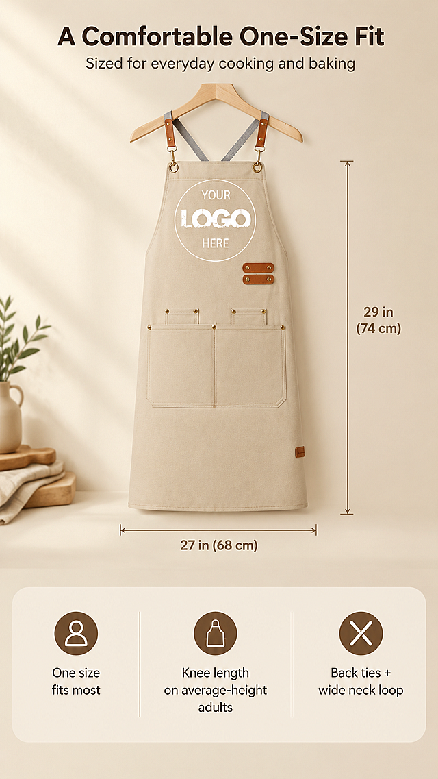 [商品] 使用【图4】米白/卡其帆布围裙悬挂双视角图：保留木质衣架悬挂正面视图、X型交叉背带、三个口袋、棕褐皮革与古铜五金、"YOUR LOGO HERE"占位标；将围裙处理为平整正面陈列，自然去皱、理顺垂坠，增强面料与缝线质感，不改变版型颜色结构。
[画面] 目标=详情页第3张尺寸参数页，上下分栏：上部55%为围裙正面标准视图居中，配左右尺寸引线（宽度27in/68cm、长度29in/74cm），下部45%为暖色参数信息卡区，列出"One size fits most""Knee length on average-height adults""Back ties and wide neck loop"；构图=上产品下信息卡，景别=中景产品+图标卡，阅读动线=产品→尺寸→说明。
[视觉] 套系策略：风格=跨境极简高级商业摄影；标题字=现代无衬线粗体；正文字=简洁无衬线体；主色=米白卡其；背景延展=基于米白卡其做深浅层级、暖色同色渐变与细腻帆布/亚麻质感；强调色=棕褐，仅用于小面积图标、引线、标签；标题色=深炭棕；正文色=中暖灰；组件=圆角浅底信息卡、细线引线、胶囊标签；光影=左前侧暖柔光。
[文字] 顶部主标题"A Comfortable One-Size Fit"，副标题"Sized for everyday cooking and baking"；产品两侧引线标注"27 in (68 cm)"与"29 in (74 cm)"；底部信息卡三项"One size fits most""Knee length on average-height adults""Back ties + wide neck loop"；全部横向排版，引线与文字不遮挡围裙主体。
[规格] 9:16竖版，2160x3840像素，4K，避免变形、错字、文字过小、竖排文字、冷蓝/蓝灰背景、尺寸标注错误、围裙颜色改变、版型失真、水印、仿制品牌Logo、绝对化用语。
