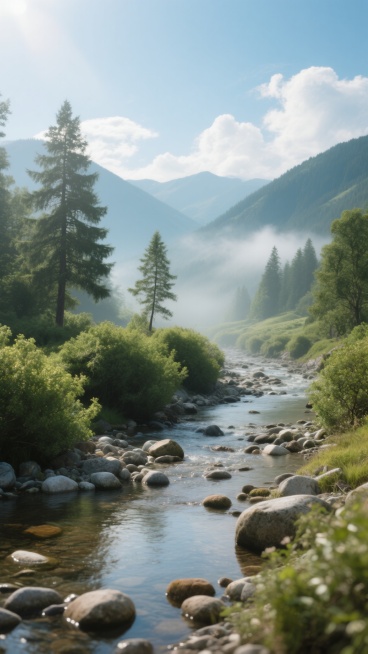 清晨阳光下的山间溪流场景，清澈的溪流蜿蜒穿过布满鹅卵石的河床，岸边生长着茂密的绿色灌木丛和几棵高大的松树，远处是被薄雾笼罩的连绵青山，天空中飘着几朵洁白的云朵，阳光透过树叶在地面上投下斑驳的光影，整体呈现出宁静自然的写实风格，色彩以绿色、蓝色和棕色为主，光影柔和，营造出清新舒适的氛围。预览效果