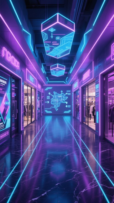 未来主义赛博朋克风格的商场内部走廊，两侧是霓虹灯管装饰的商铺门面，墙面采用全息投影技术展示动态广告，地面铺设带有发光线条的深色大理石，天花板悬挂着悬浮式几何造型吊灯，光线呈现蓝紫色调，走廊尽头有巨大的全息地图指示牌，整体空间充满科技感与未来都市氛围，保持商场的商铺布局、走廊形态和指示牌等核心元素。预览效果