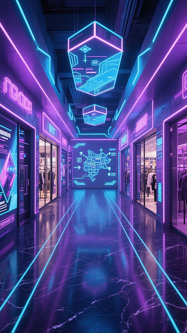 未来主义赛博朋克风格的商场内部走廊，两侧是霓虹灯管装饰的商铺门面，墙面采用全息投影技术展示动态广告，地面铺设带有发光线条的深色大理石，天花板悬挂着悬浮式几何造型吊灯，光线呈现蓝紫色调，走廊尽头有巨大的全息地图指示牌，整体空间充满科技感与未来都市氛围，保持商场的商铺布局、走廊形态和指示牌等核心元素。