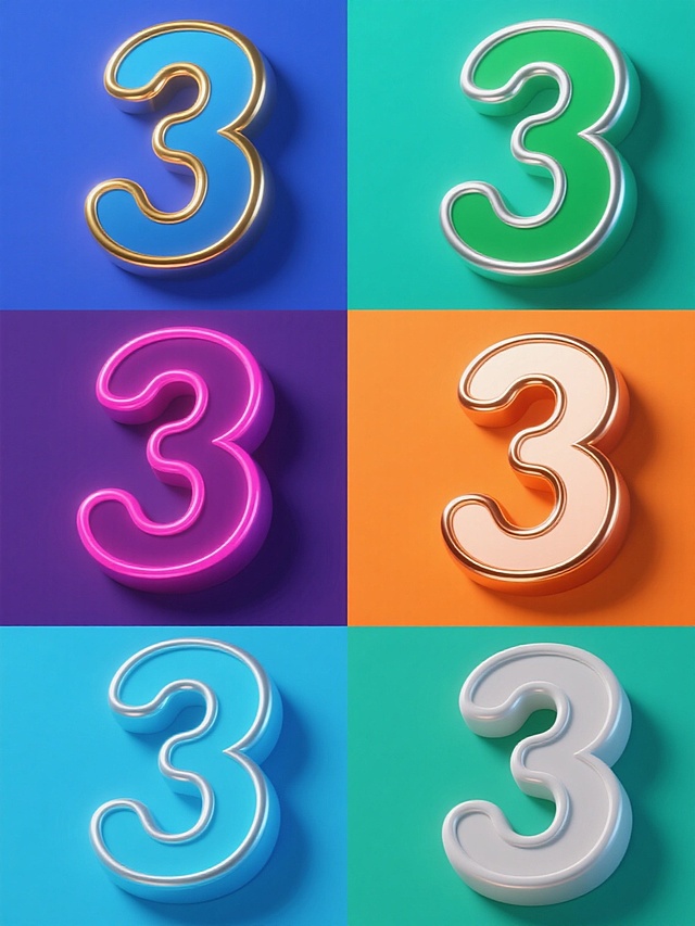 六个完全相同的3D立体数字"3"，每个数字具有光滑圆润的边缘、明显的高光反射和精致的金属描边效果，分别采用六个完全不同的纯色配色方案（如宝石蓝与金色描边、翡翠绿与银色描边、玫瑰金与白色描边、深紫与霓虹粉描边、珊瑚橙与古铜色描边、冰蓝色与浅灰描边），每个数字独立置于对应的纯色背景上，整体以规整的2x3网格形式排布，保持统一的3D渲染风格、光影效果和构图比例，形成系列感强的素材集合。