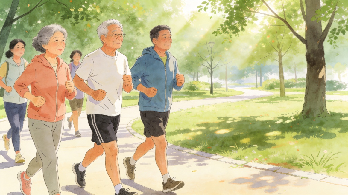 中老年人健康运动主题手绘插画，展示中老年人户外快走锻炼的场景，体现低强度有氧运动的健康理念，手绘插画风格，从容舒缓，画面无任何文字预览效果