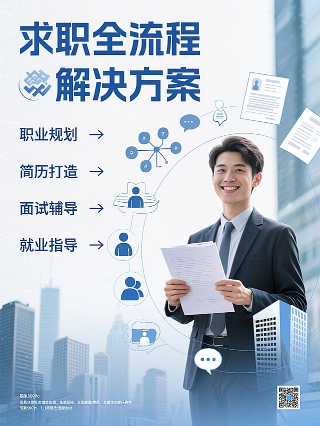 帮我设计一个求 职全流程解决方案的海报，从职业规划、简历、面试辅导及就业进行辅导，变成横版画面
