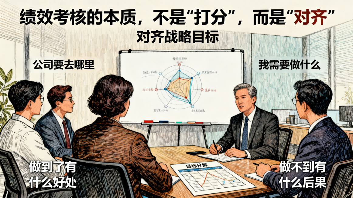 手绘风格微信公众号文章插图，主题：绩效考核的本质，不是"打分"，而是"对齐"，对齐战略目标，让每个人都知道：公司要去哪里、我需要做什么、做到了有什么好处、做不到有什么后果，简洁商务风格，适合知识内容配预览效果